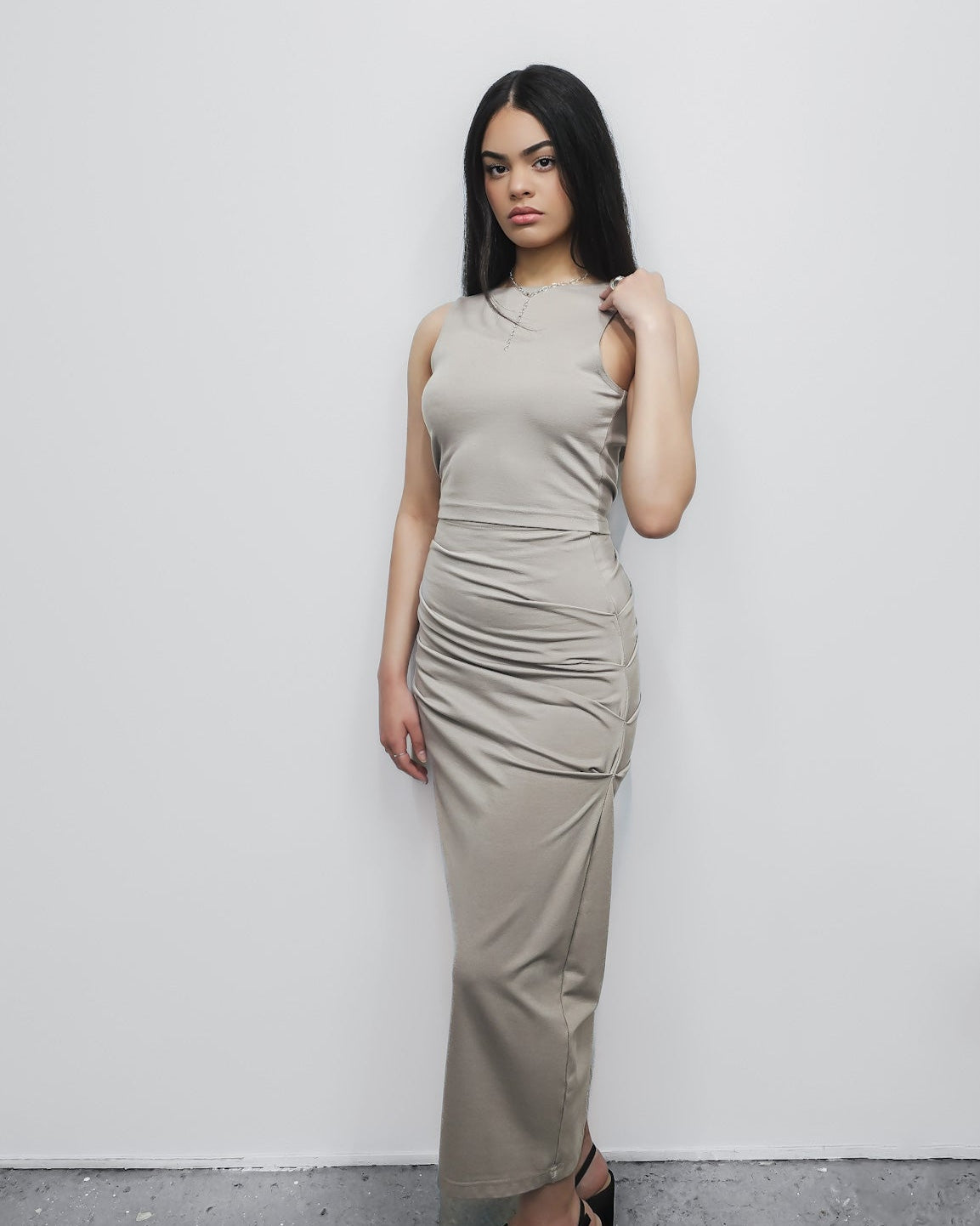 Cowl Neck Sleeveless Top 2-in-1 in Taupe