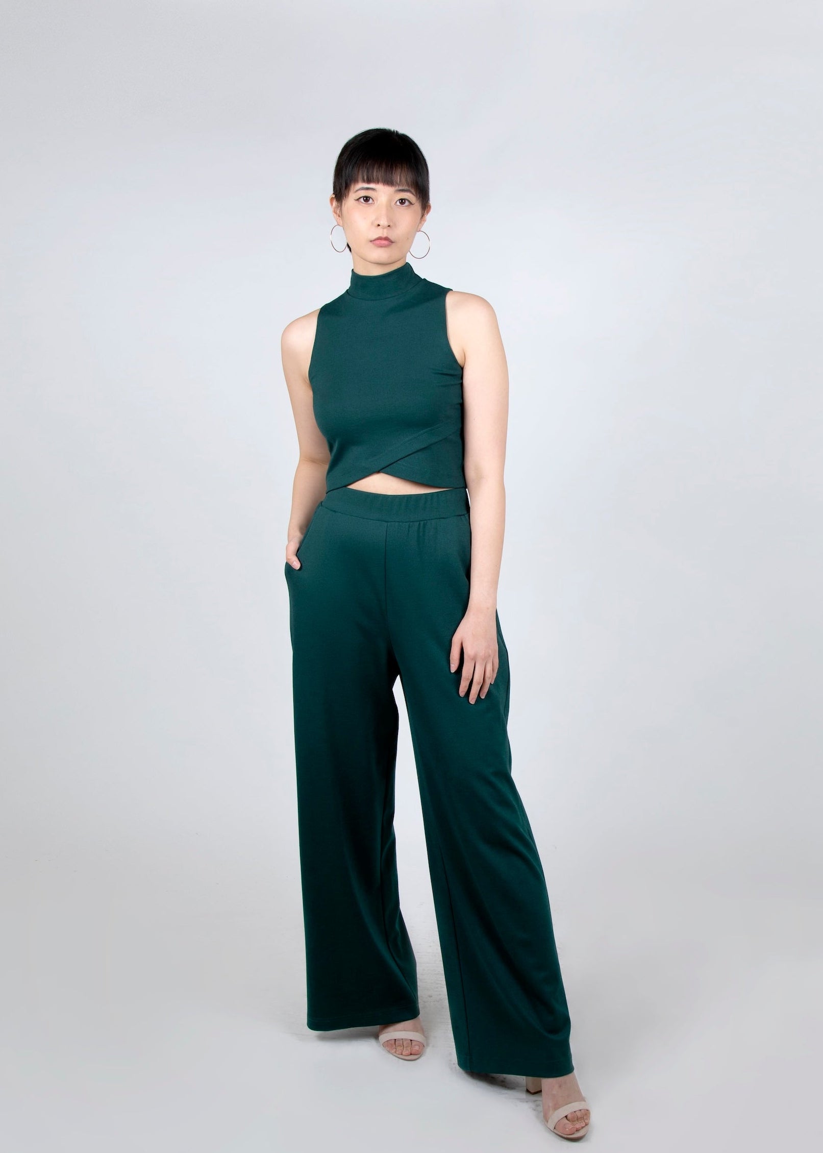 emerald sleeveless mock neck tulip cut top and wide leg pants