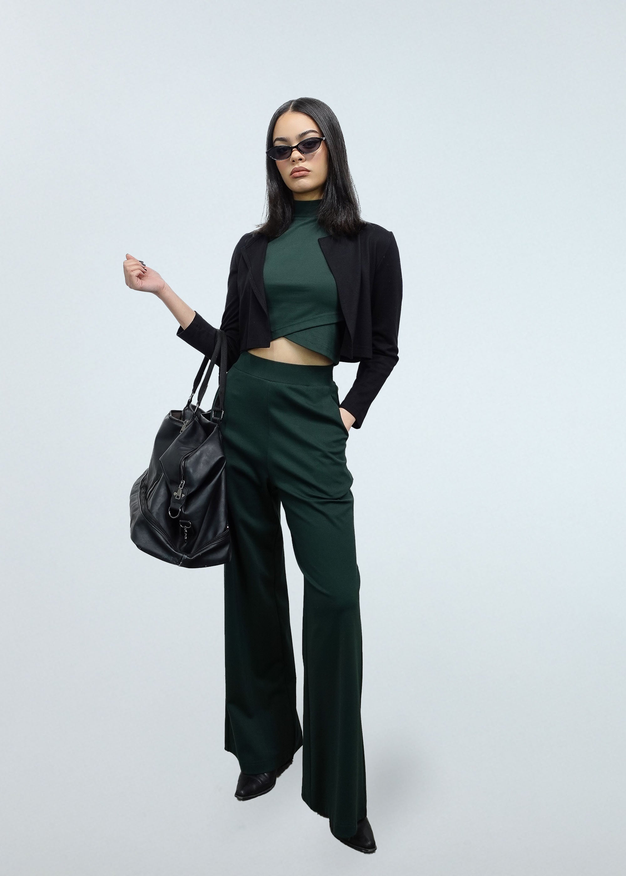 forest green set with mock turtle neck crop and wide leg pants and black crop jacket