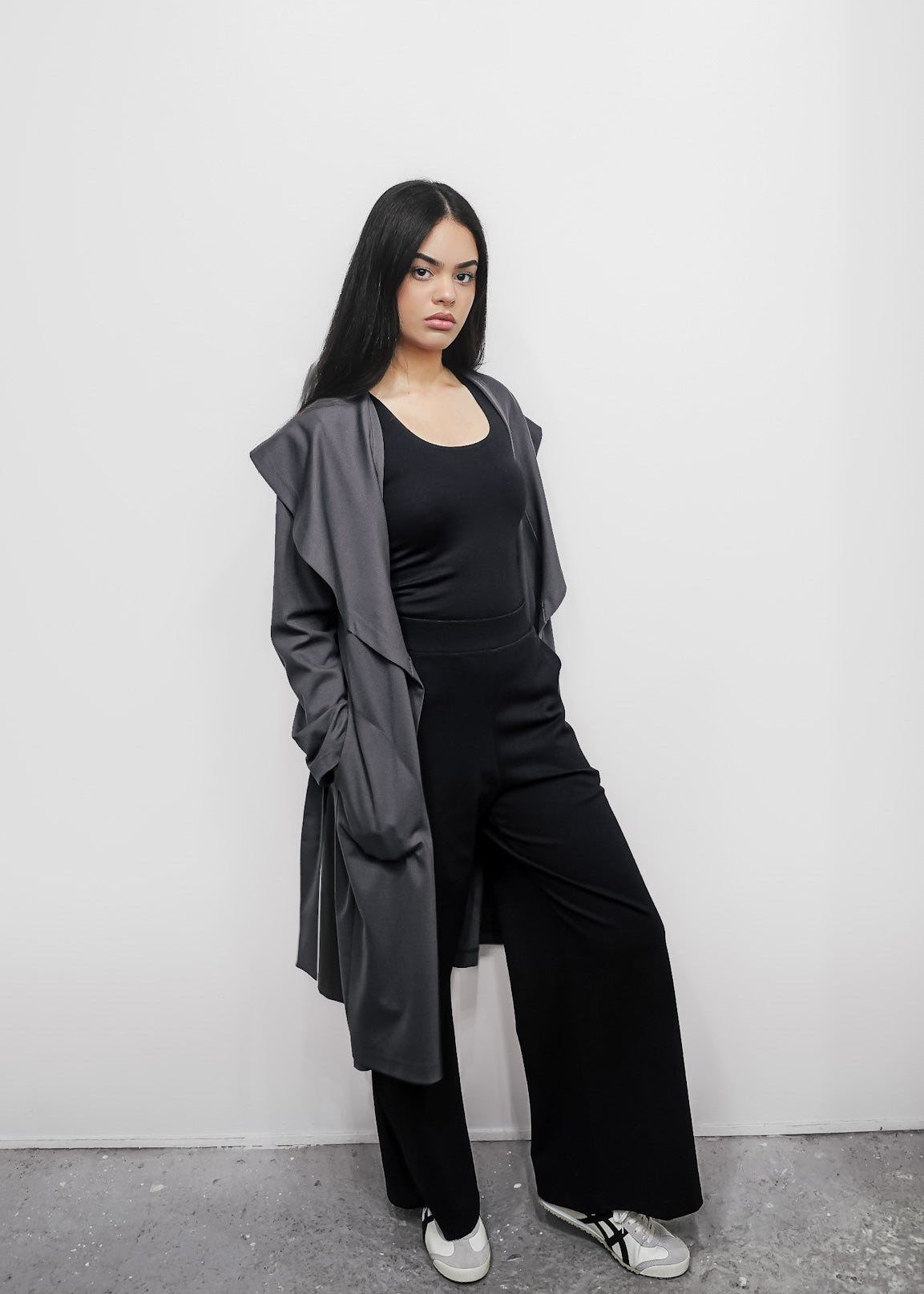 black set with pewter dark gray charcoal shawl collar cardi. 