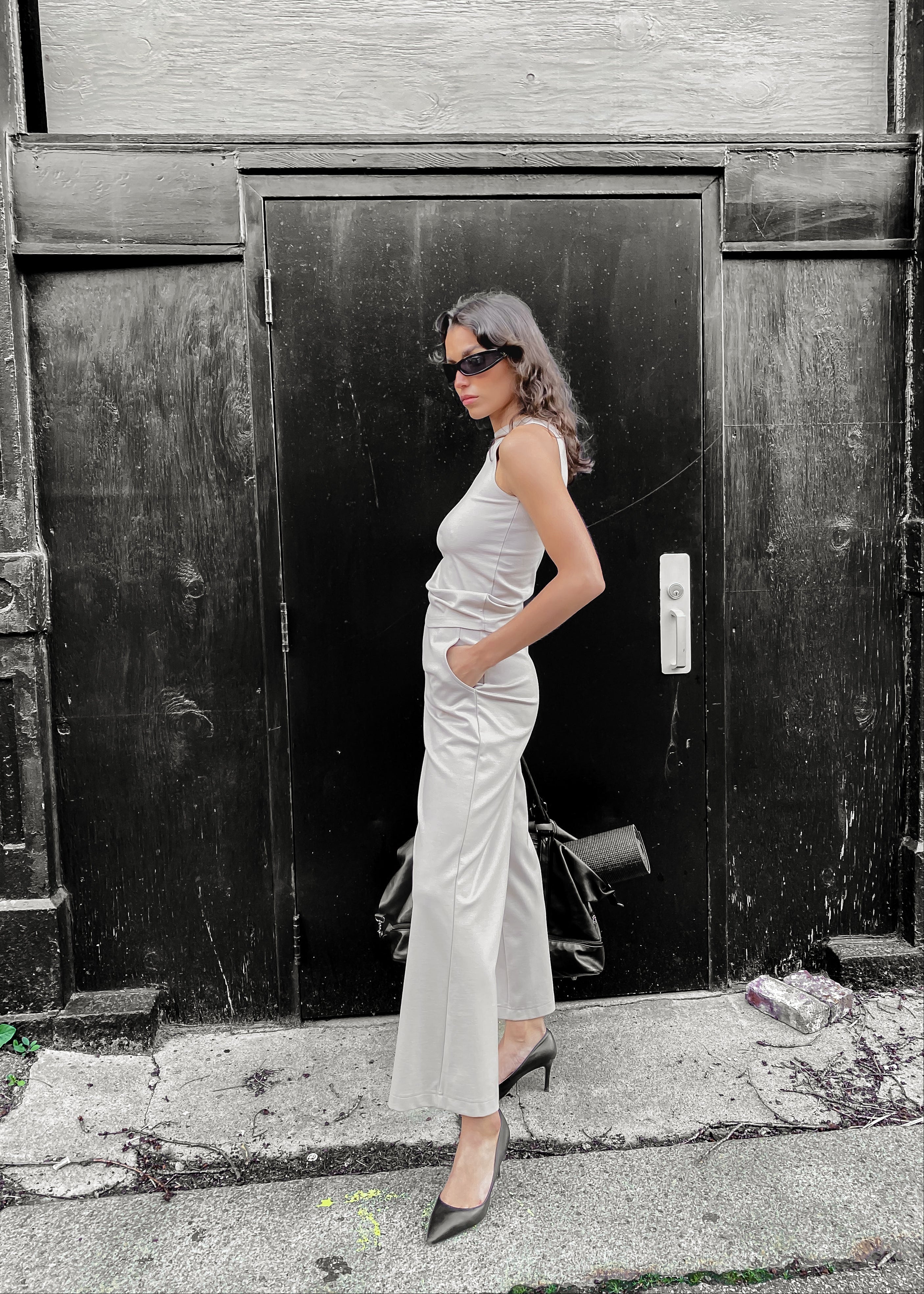 taupe tank and wide leg taupe pants for professional athleisure look for work to workout