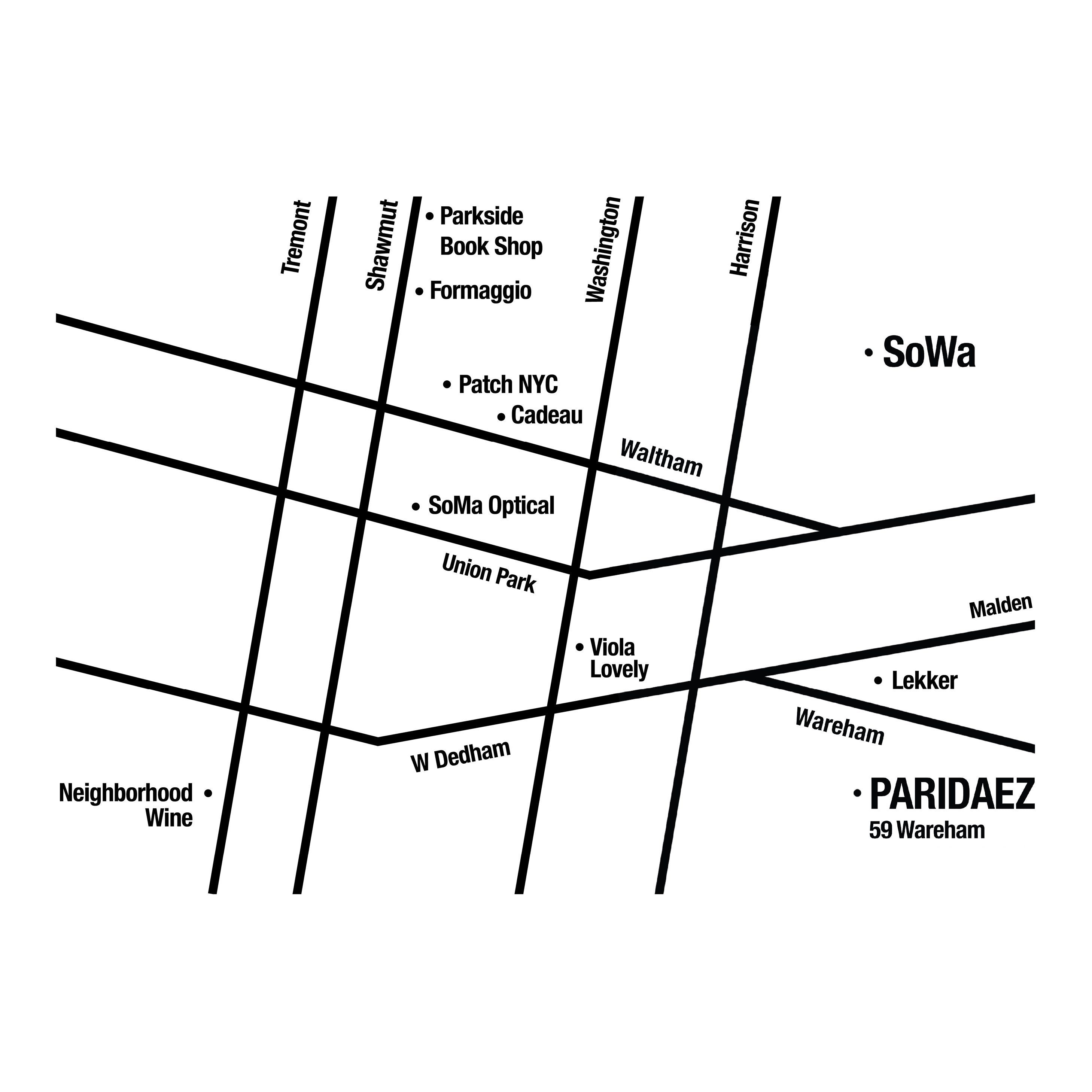 Map of South End, Boston featuring the small businesses Paridaez, Formaggio, Neighborhood Wine, Parkside Book Shop, Viola Lovely, Cadeau, Patch NYC, and SoMa Optical